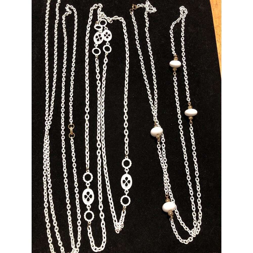 Vintage Long White Enamel  Chain Flapper Length 54” Necklaces Set Of 3